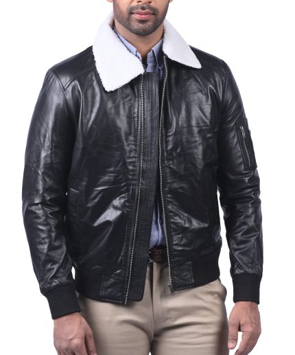 Black Bomber White Fur Collar Jacket