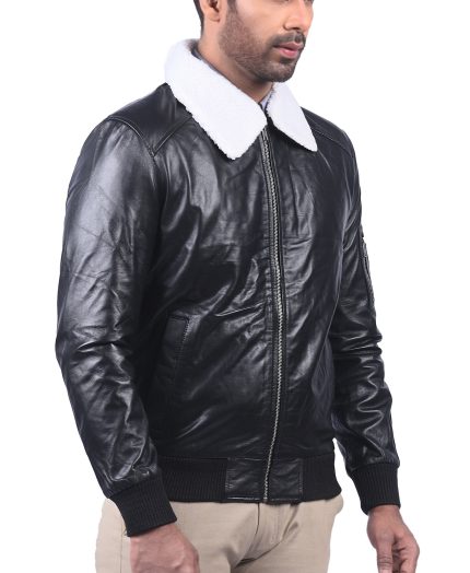 Black Bomber White Fur Collar Jacket