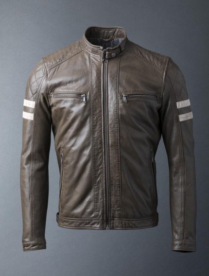 Charlie Leather Racer Jacket in Khaki