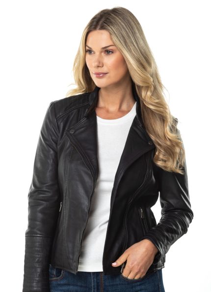 Toni Leather Biker Jacket in Dark Navy